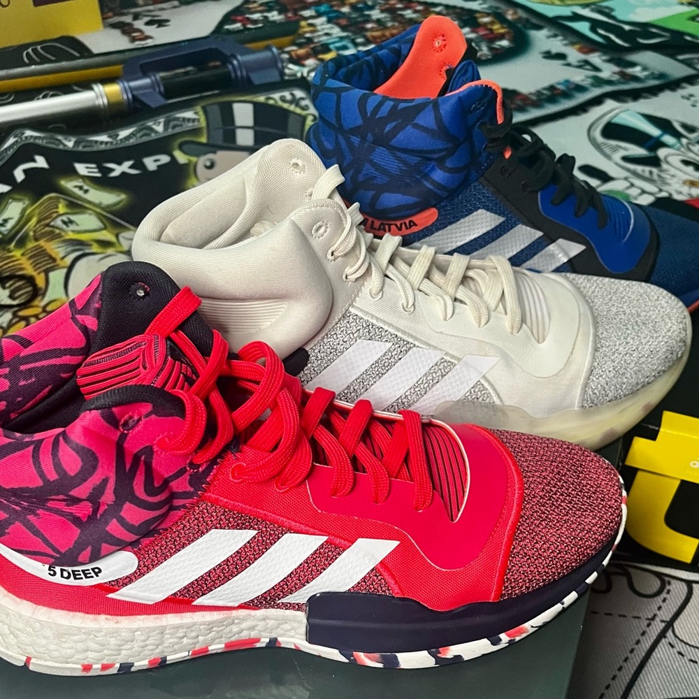 Adidas “Marquee Boost” Vibrant High-Top Sneakers Trio.